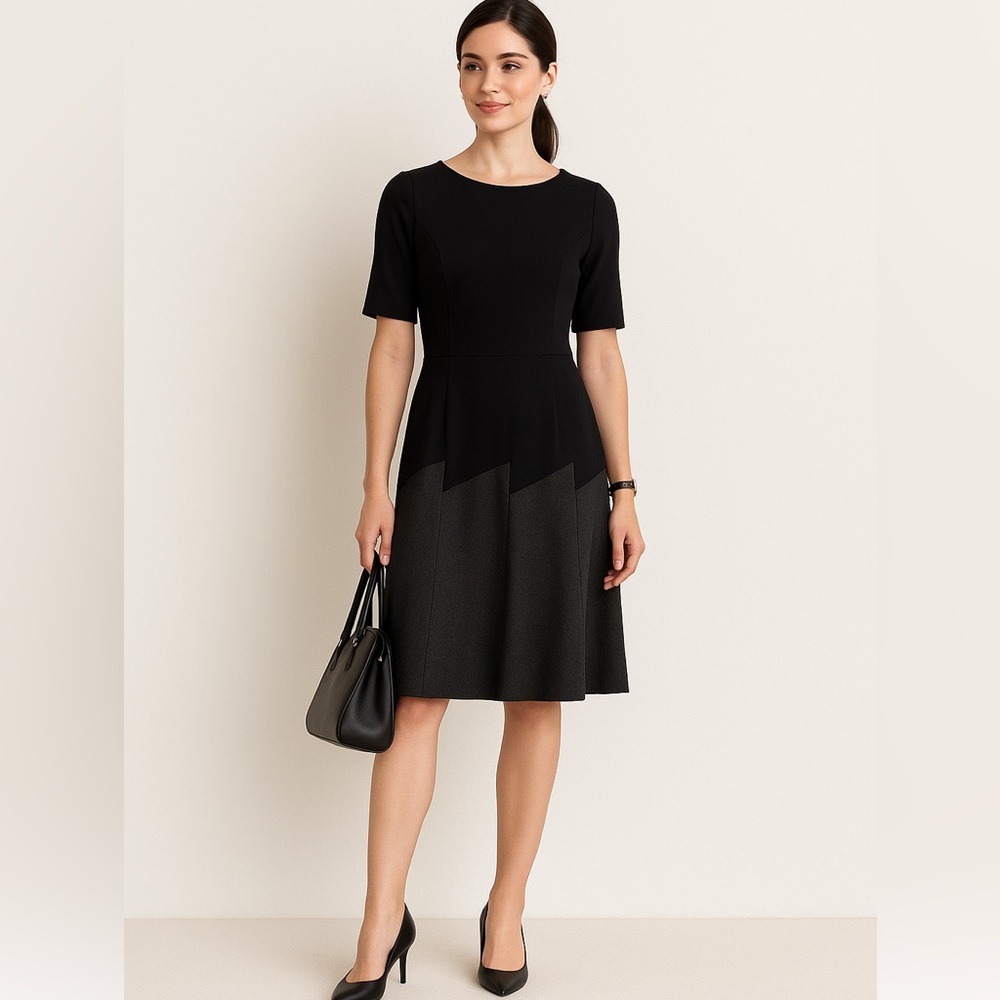 Elie Tahari Black & Gray Colorblock Wool Blend Fit & Flare Dress 12